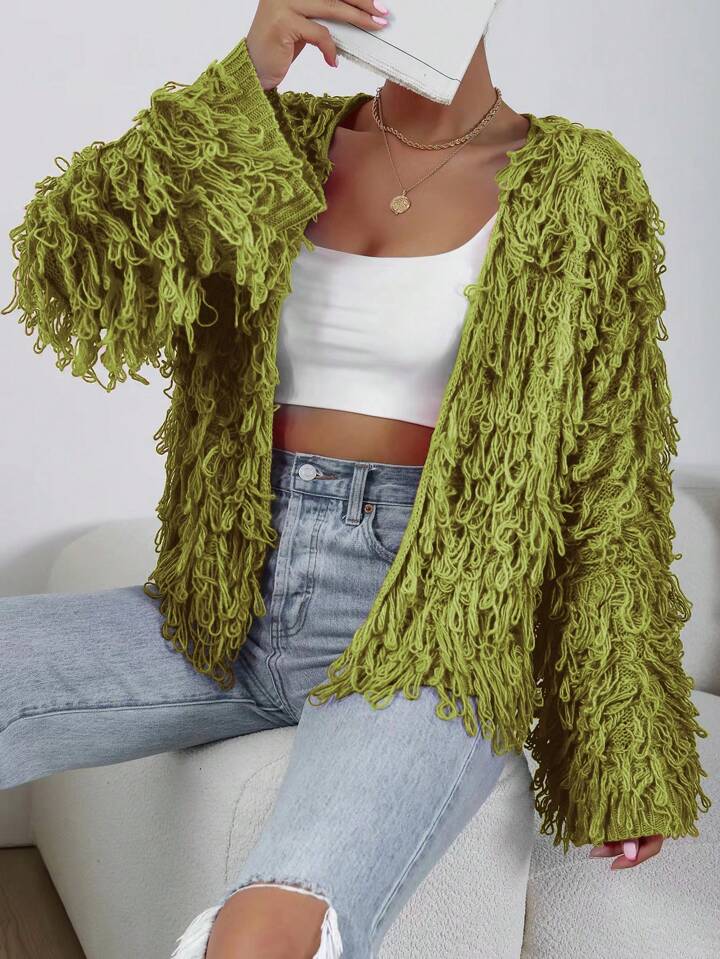 CM-CS902365 Women Casual Seoul Style Long Sleeve Shaggy Knit Duster Cardigan - Olive Green
