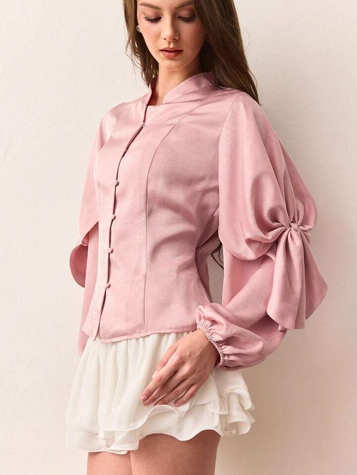 CM-TS111211 Women Elegant Seoul Style Satin Tie Front Long Puff Sleeve Oversized Blouse - Baby Pink