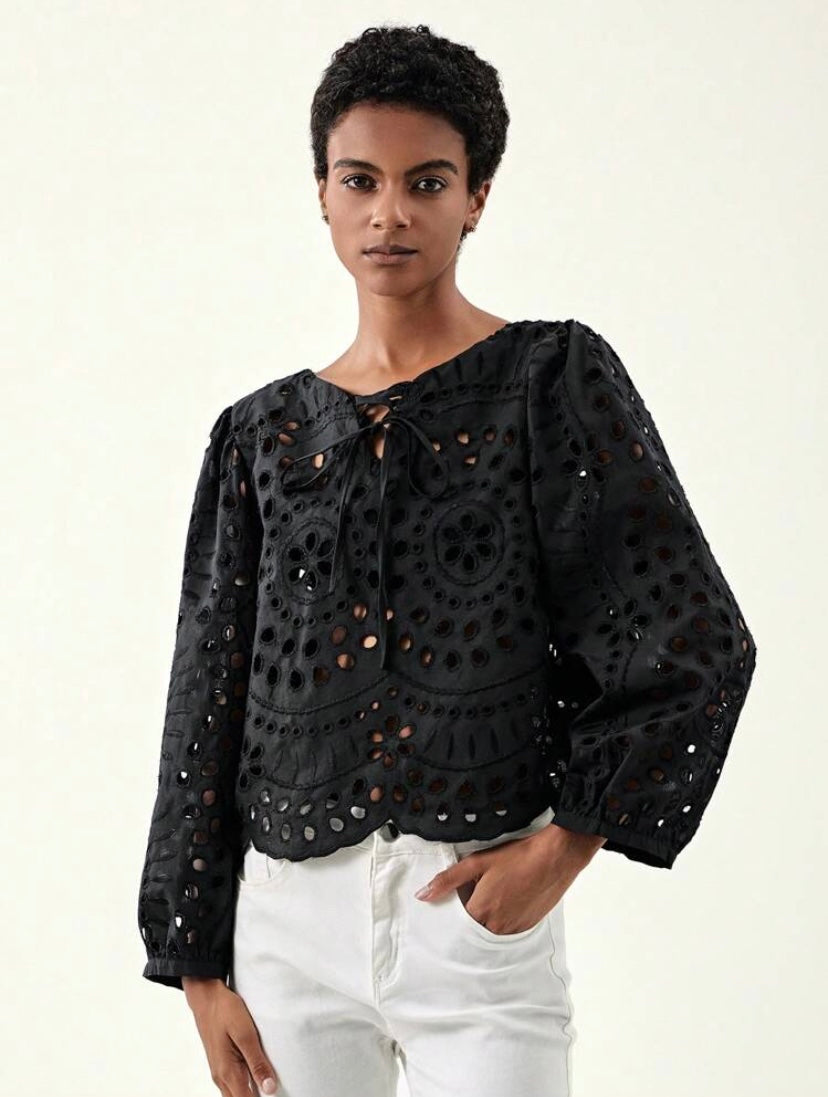 CM-TS600606 Women Trendy Bohemian Style Tie Neck Eyelet Embroidery Hollow Out Blouse