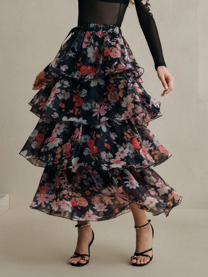 CM-BS613523 Women Elegant Seoul Style Mid Waist Floral Tie-Up Layered Cake Maxi Skirt