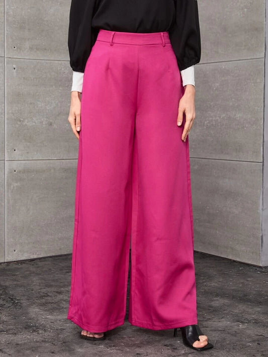 CM-BS678279 Women Elegant Seoul Style Solid Mid Waist Zip Back Wide Leg Pants - Hot Pink