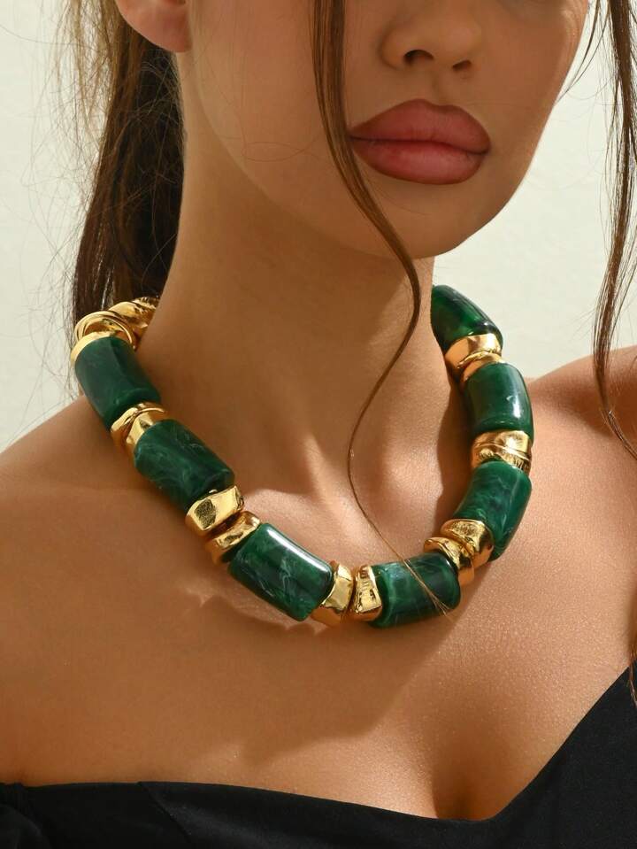 CM-AXS143919 Women Trendy Bohemian Style Jade Resin Bead Asymmetrical Golden Bead Necklace