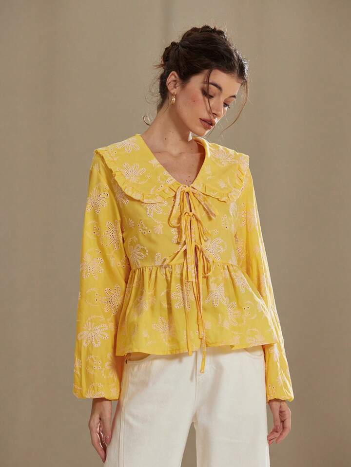 CM-TS711877 Women Casual Seoul Style Peter Pan Collar Tie-Up Bow Embroidered Long Sleeve Blouse