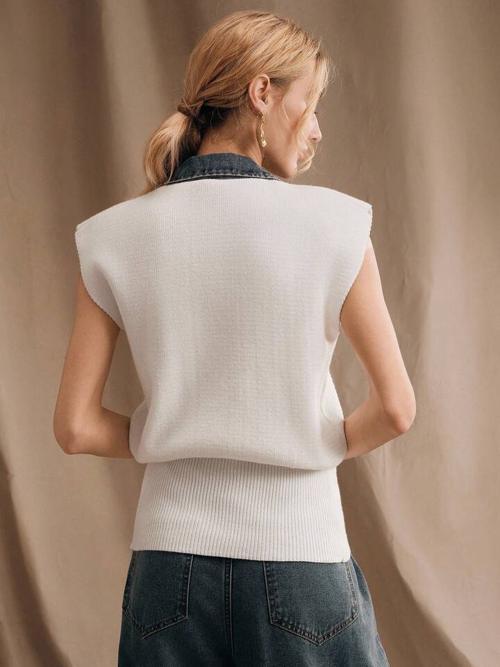 CM-TS751752 Women Casual Seoul Style Knitted Denim Patchwork Polo Collar Sweater Top - White