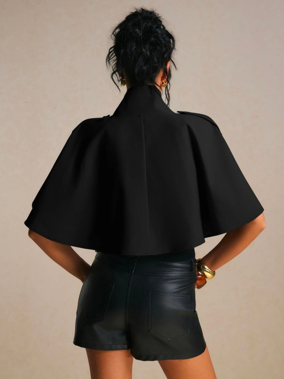 CM-CS774785 Women Elegant Seoul Style Short Sleeve Cropped Double Breasted Cape Trench Coat - Black