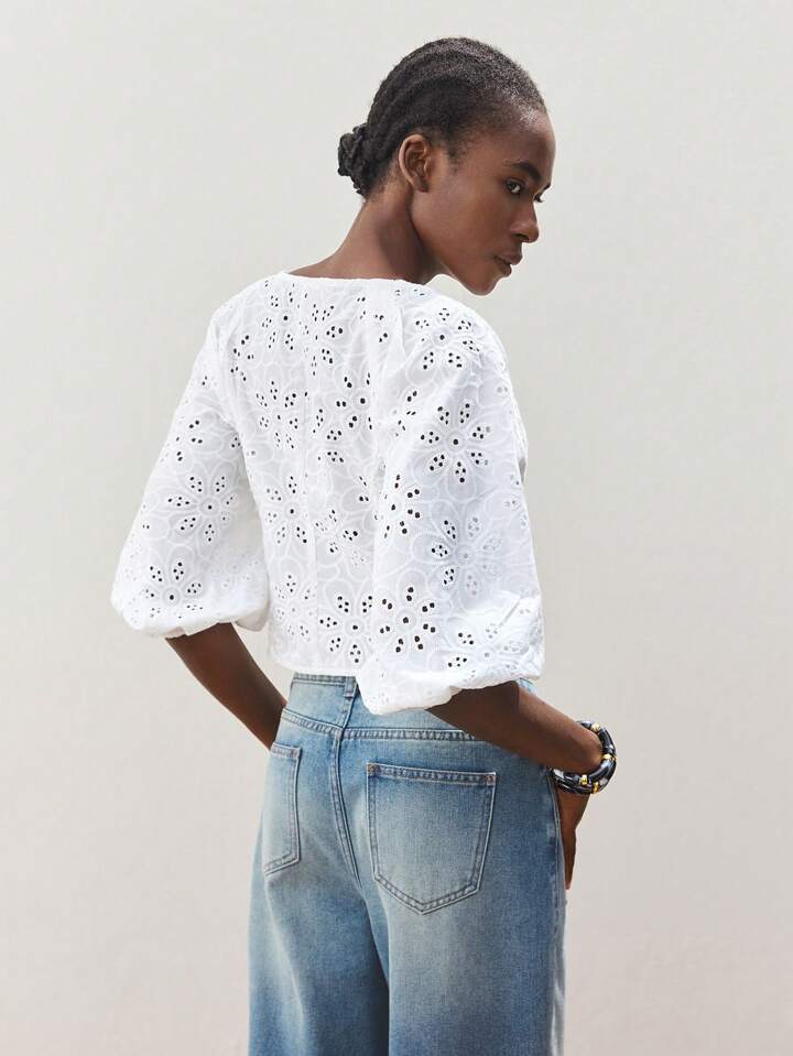 CM-TS190360 Women Trendy Seoul Style V-Neck Front Button Embroidery Hollow Out Lantern Sleeve Blouse - White