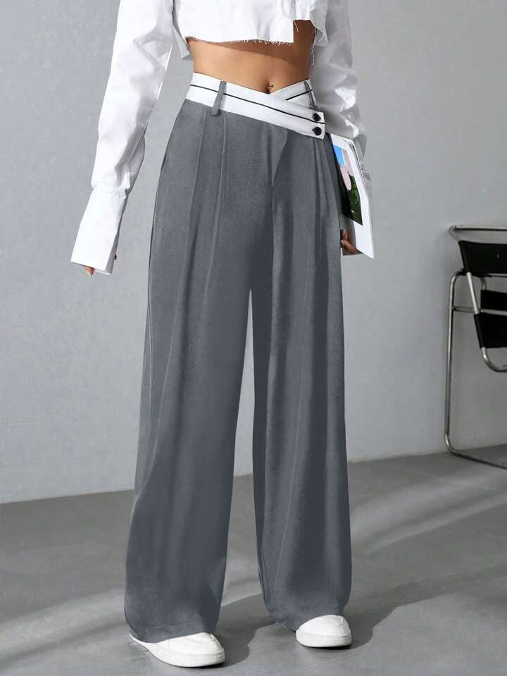 CM-BS040101 Women Casual Seoul Style Asymmetrical High Waist Straight Leg Pants - Gray