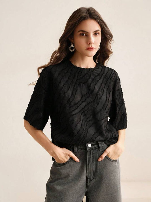 CM-TS217177 Women Casual Seoul Style Round Neck Laser Cut Batwing Sleeve Top - Black
