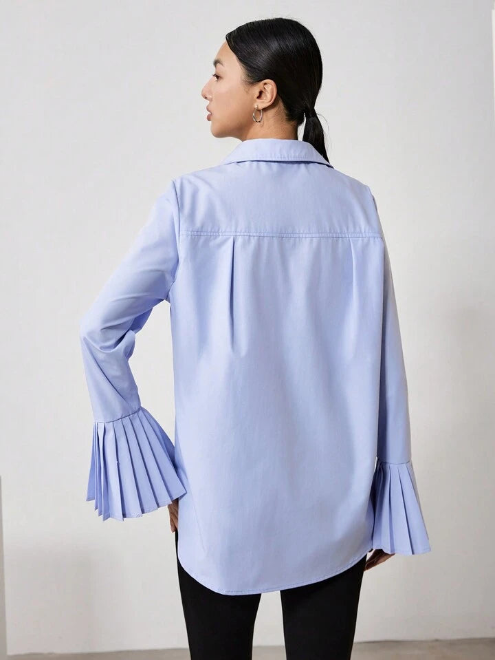 CM-TS093158 Women Casual Seoul Style Collar Neckline Asymmetrical Ruffled Cuffs Shirt - Blue