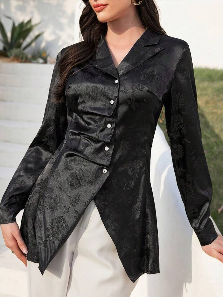 CM-TS747077 Women Elegant Seoul Style Jacquard Lapel Neckline Long Sleeve Shirt - Black