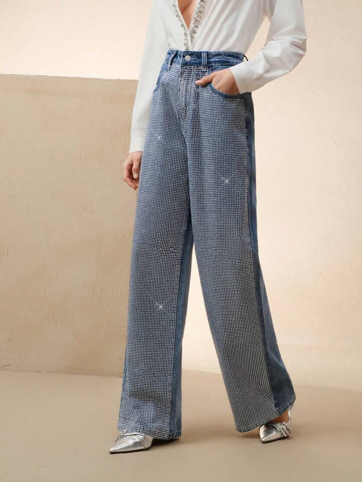 CM-BS434254 Women Elegant Seoul Style Mid Waist Rhinestone Embellished Straight-Leg Jeans - Blue