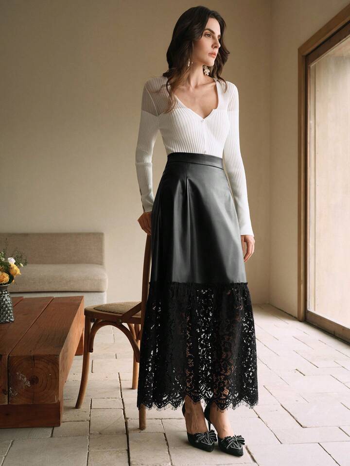 CM-BS697196 Women Elegant Seoul Style Lace Splicing PU Leather Mid-Length A-Line Skirt - Black