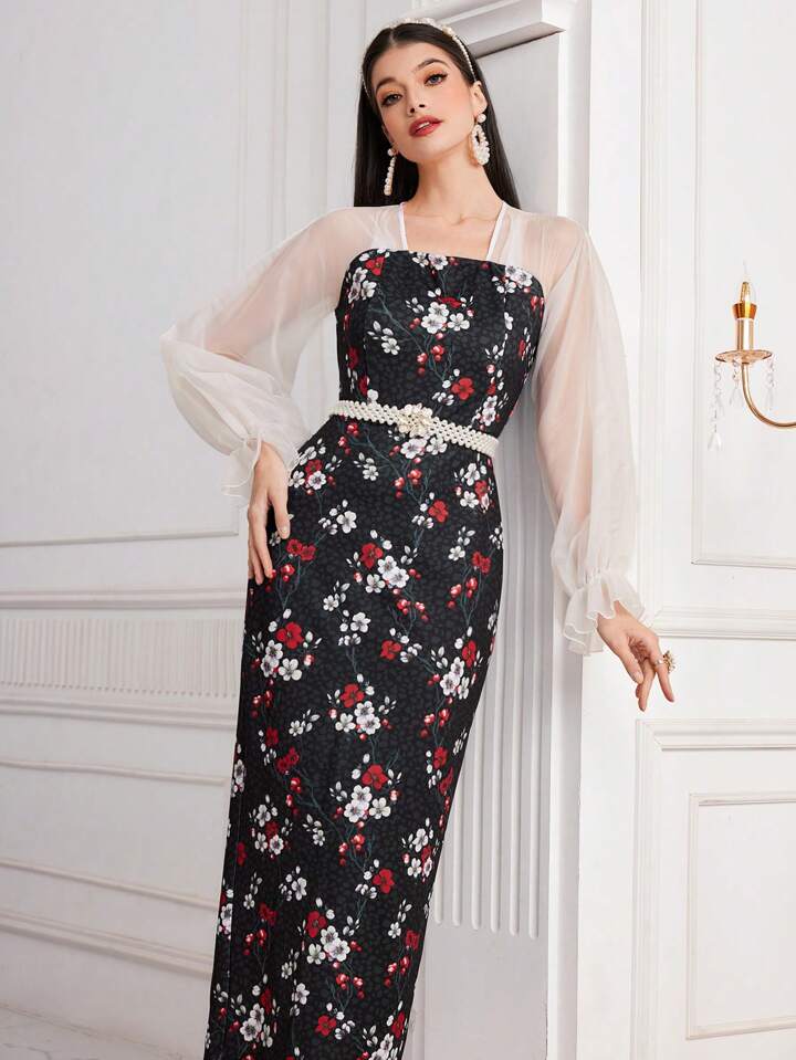 CM-DS562668 Women Elegant Seoul Style Floral Printed Mesh Patchwork Long Sleeve Dress