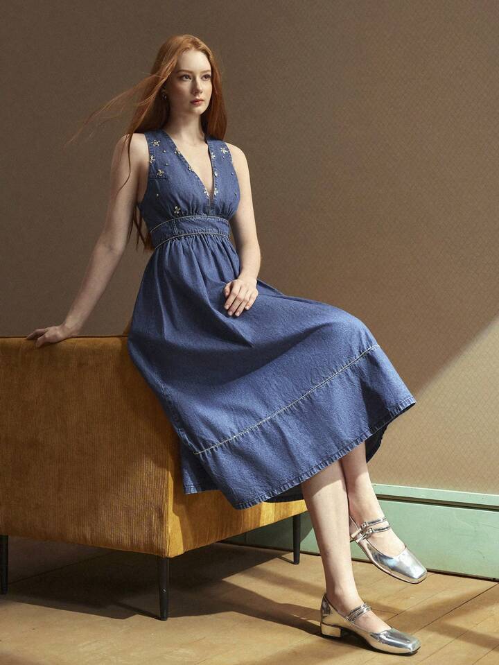 CM-DS211413 Women Casual Seoul Style Deep V-Neck Spaghetti Strap High Waist Denim Dress - Blue