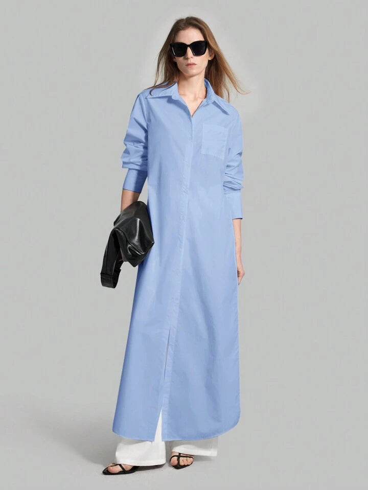 CM-TS815753 Women Casual Seoul Style Shirt Collar Long Sleeve Front Button High Slit Long Shirt - Blue