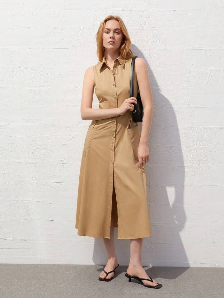 CM-DS774215 Women Casual Seoul Style Collar Neckline Sleeveless Shirt Dress - Khaki