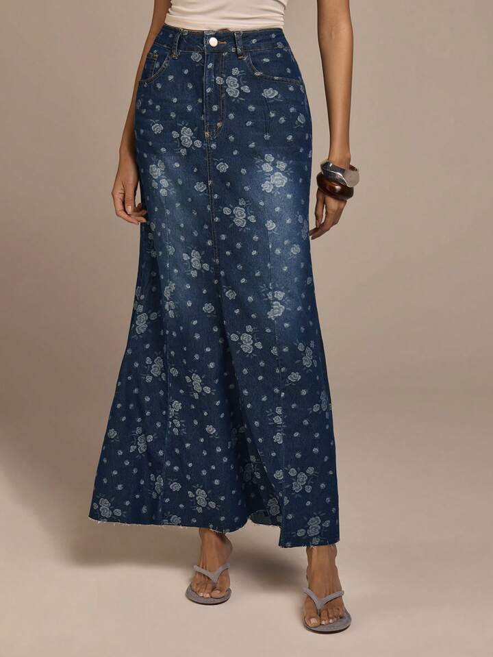 CM-BS732323 Women Casual Seoul Style Dark Wash High Waist Rose Jacquard Mermaid Maxi Denim Skirt