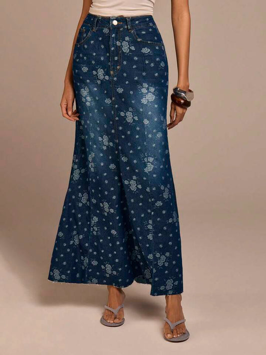 CM-BS732323 Women Casual Seoul Style Dark Wash High Waist Rose Jacquard Mermaid Maxi Denim Skirt