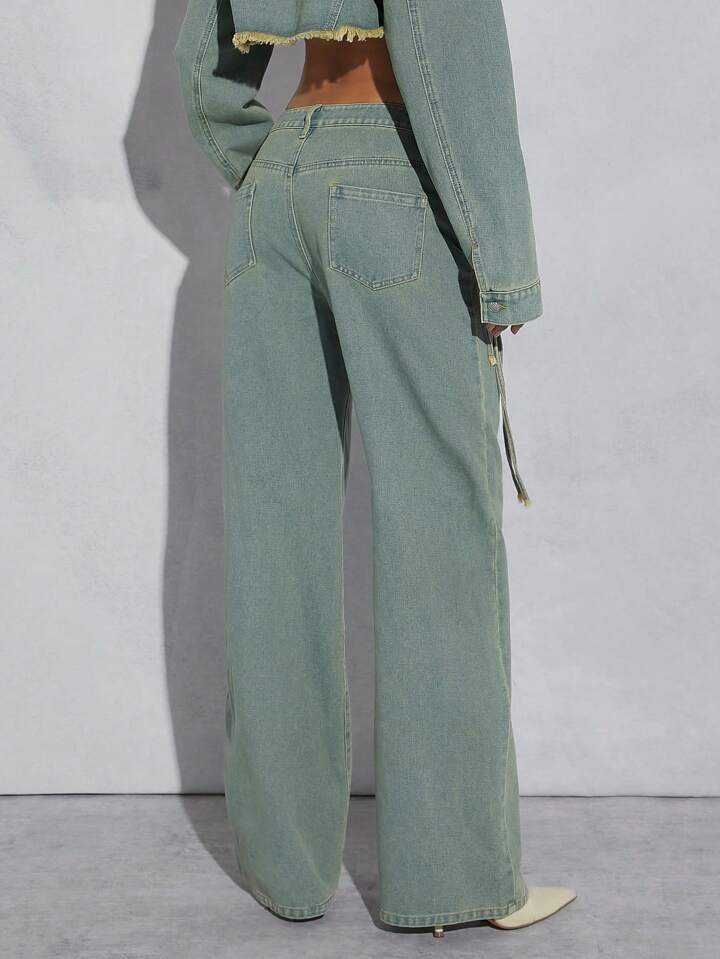 CM-BS258860 Women Casual Seoul Style Light Wash Irregular Waist Tie Solid Color Long Jeans