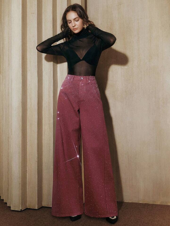 CM-BS349219 Women Elegant Seoul Style Mid Waist Baggy Flared Leg Pants - Burgundy