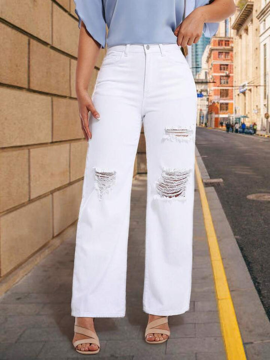 CM-BS780224 Women Casual Seoul Style Distressed Design Wide Leg Loose Fit Jeans - White