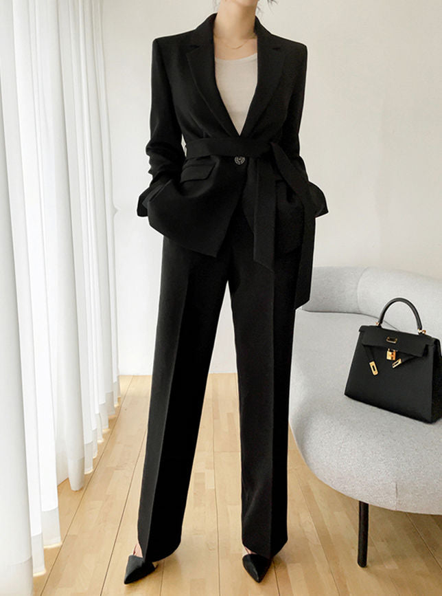 CM-SF092209 Women Elegant Seoul Style Tailored Collar Tie Waist Slim Long Suits (Available in 2 colors)