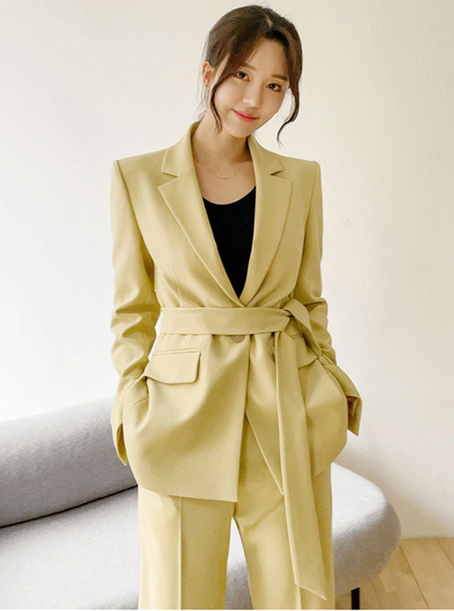 CM-SF092209 Women Elegant Seoul Style Tailored Collar Tie Waist Slim Long Suits (Available in 2 colors)