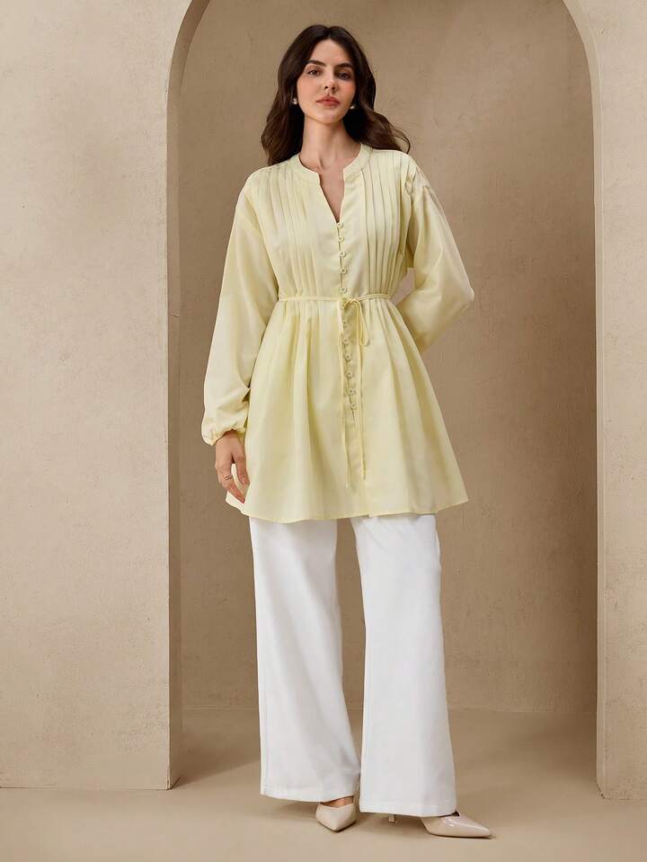CM-TS894862 Women Elegant Seoul Style V-Neck Ruched Tie Front Long Sleeve Shirt - Pale Yellow