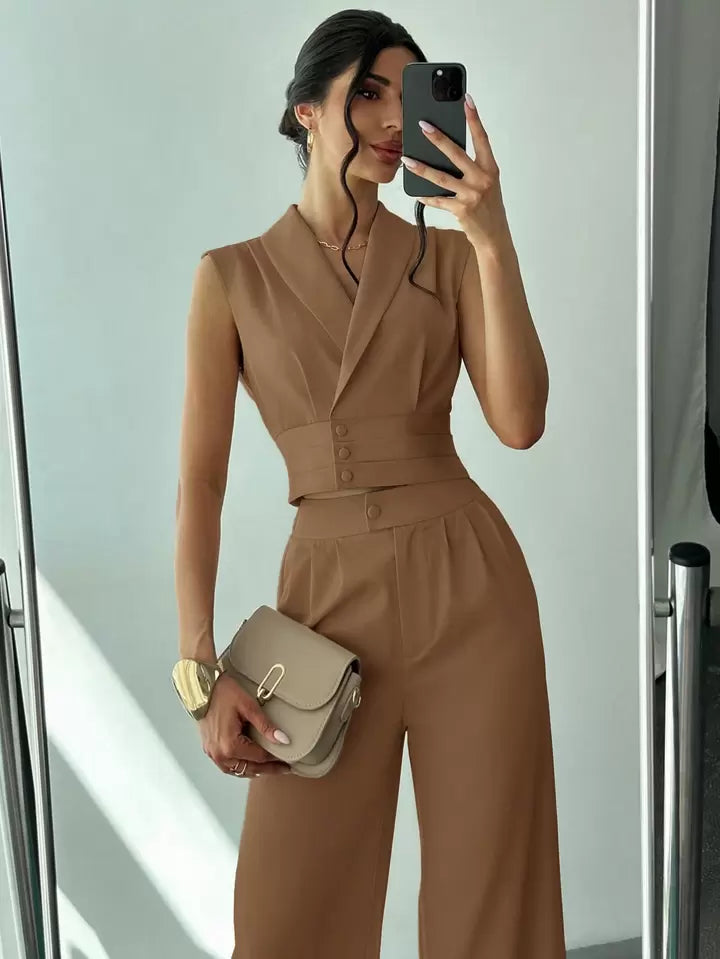CM-SS414741 Women Elegant Seoul Style Collared Fitted Cap Sleeve Shirt With Straight-Leg Pants Suit - Camel
