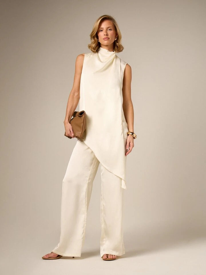 CM-TS197759 Women Elegant Seoul Style Satin Asymmetric Cowl Neck Sleevless Drape Blouse - Apricot