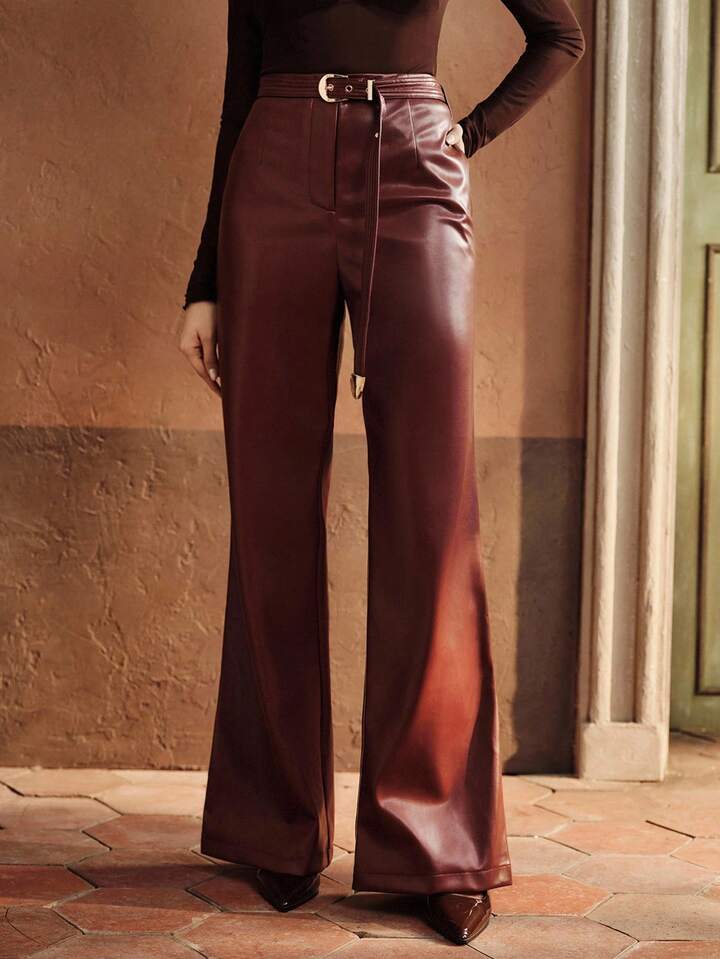 CM-BS720037 Women Elegant Seoul Style High Waist PU Leather Belted Straight Leg Pants - Burgundy