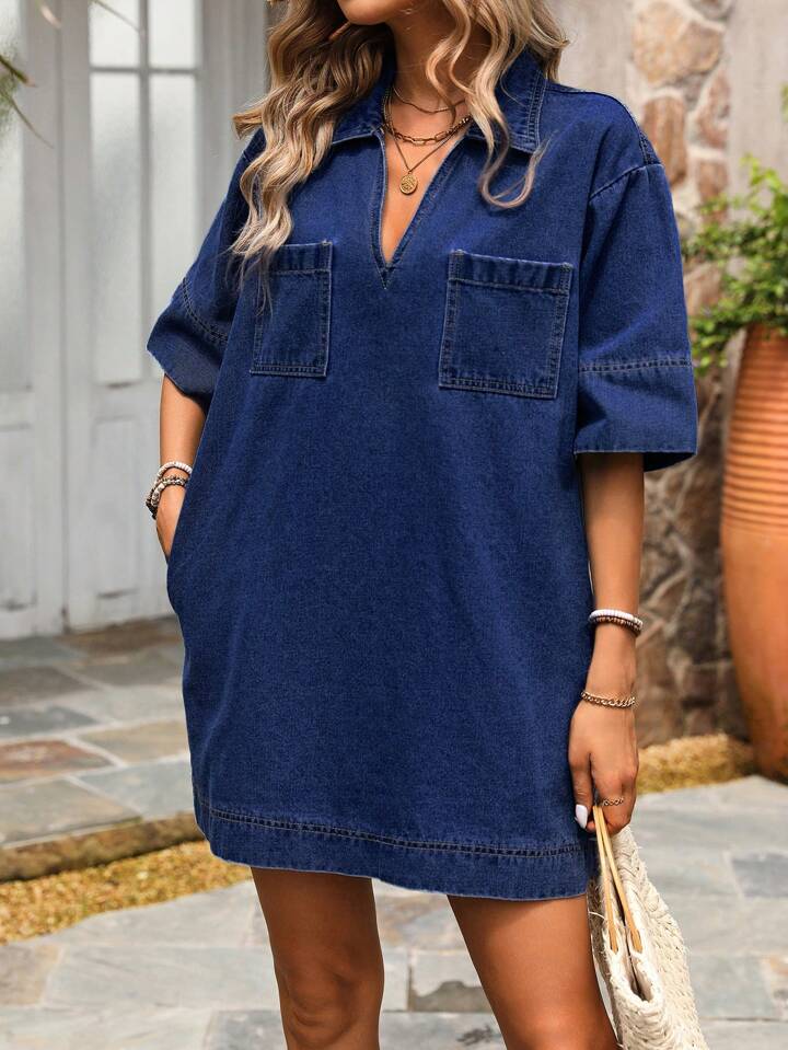 CM-DS279478 Women Casual Seoul Style Dark Wash Collar Neckline Short Sleeve Denim Dress