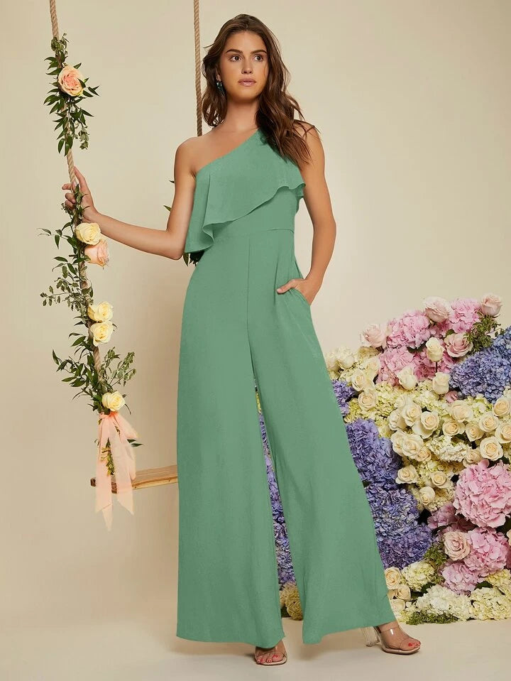 CM-JS161822 Women Elegant Seoul Style One Shoulder Ruffle Trim Wide Leg Jumpsuit - Mint Green