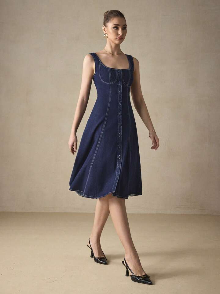 CM-DS519878 Women Elegant Seoul Style Solid Color Square Neck Sleeveless Knee Length Denim Dress - Blue