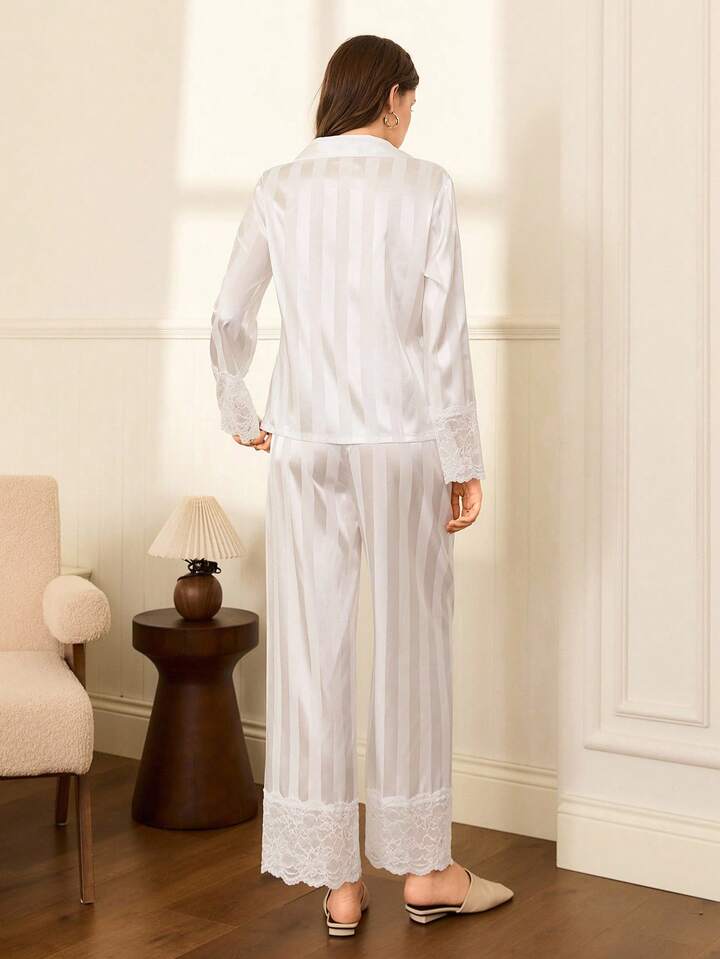 CM-LS918588 Women Trendy Seoul Style Lace Patchwork Striped Satin Collar Long Sleeve Pajama Set - White