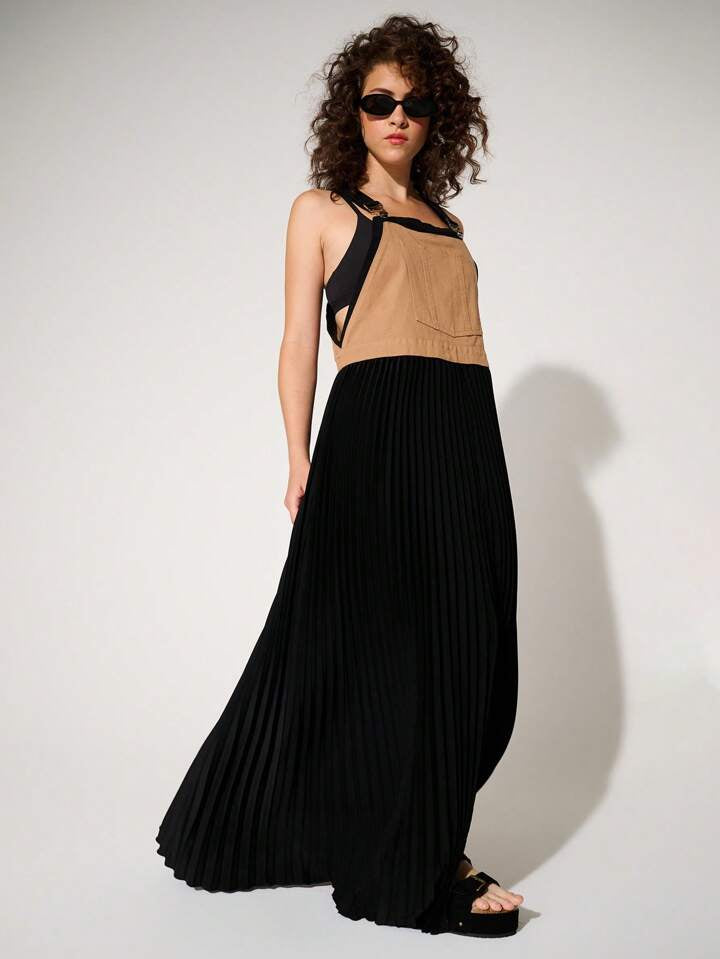 CM-DS535463 Women Trendy Bohemian Style High Slit Pleated Denim Summer Overall Maxi Dress