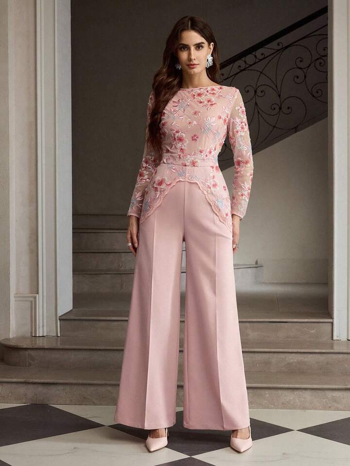CM-JS811501 Women Elegant Seoul Style Floral Embroidery Mesh Patchwork Sequin Loose Wide Leg Jumpsuit