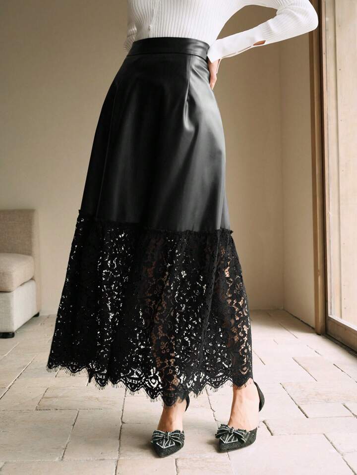 CM-BS697196 Women Elegant Seoul Style Lace Splicing PU Leather Mid-Length A-Line Skirt - Black
