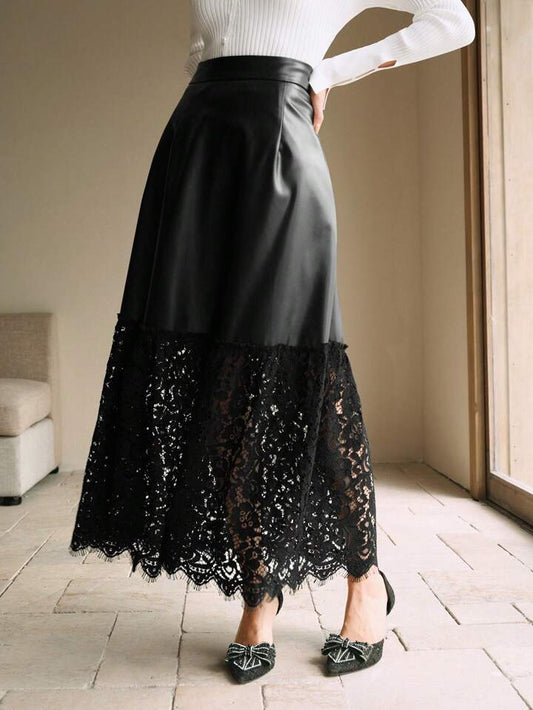 CM-BS697196 Women Elegant Seoul Style Lace Splicing PU Leather Mid-Length A-Line Skirt - Black
