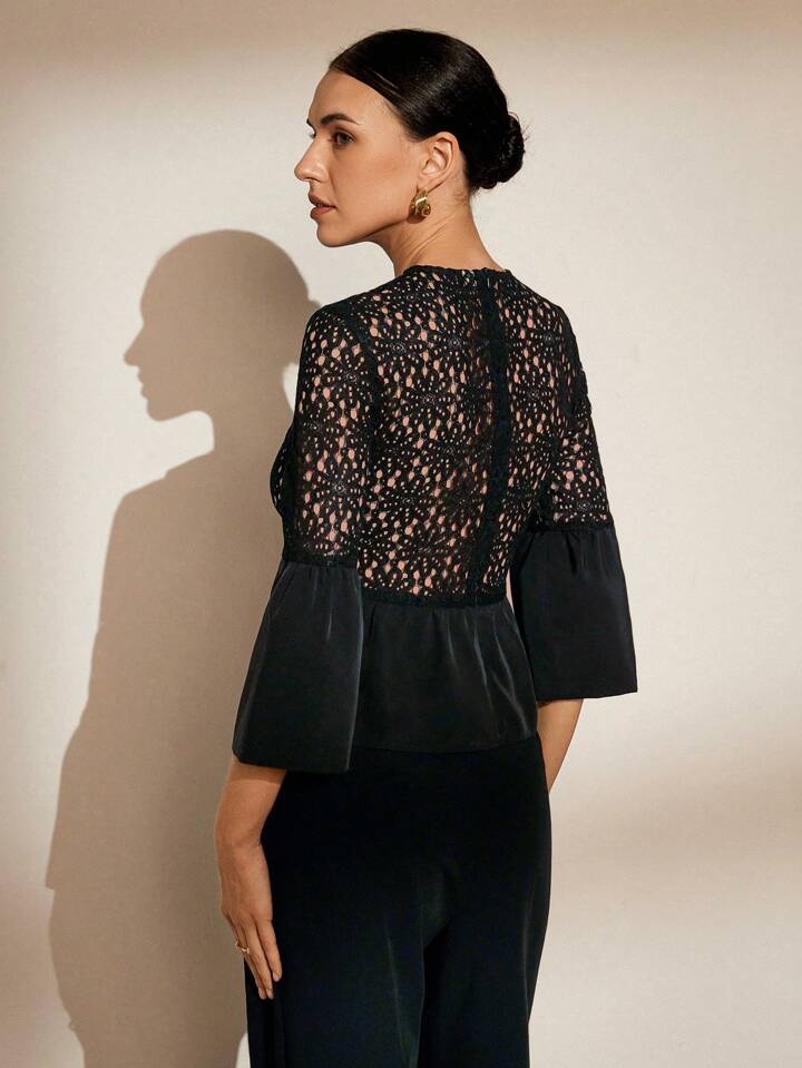 CM-TS701051 Women Casual Seoul Style Hollow Out Embroidery Patchwork Ruffle Sleeve Shirt