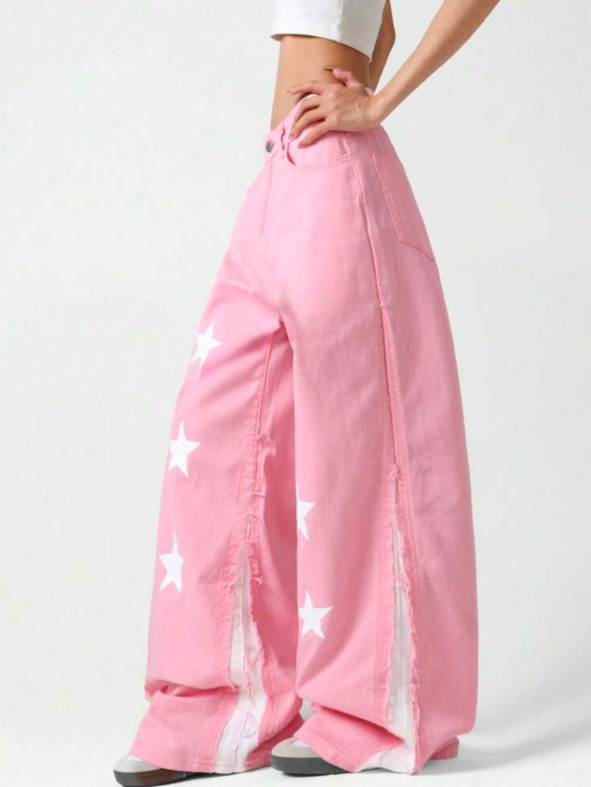 CM-BS311893 Women Casual Seoul Style Mid Waist Printed Patchwork Loose Wide Leg Denim Jeans - Pink