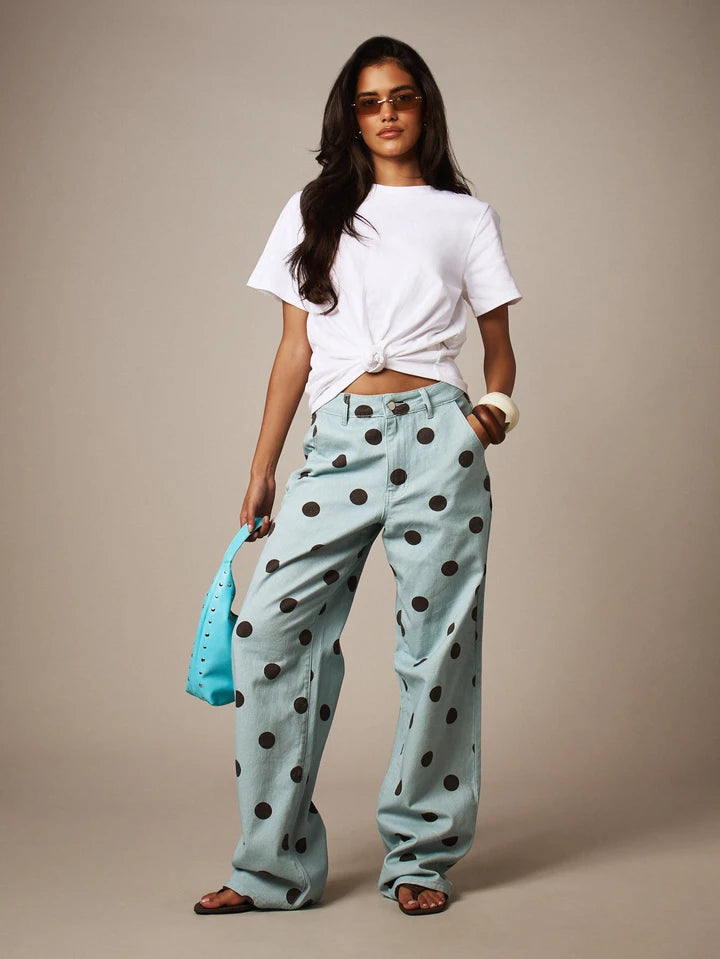 CM-BS518417 Women Casual Seoul Style Low Waist Polka Dot Print Straight Leg Jeans - Light Blue