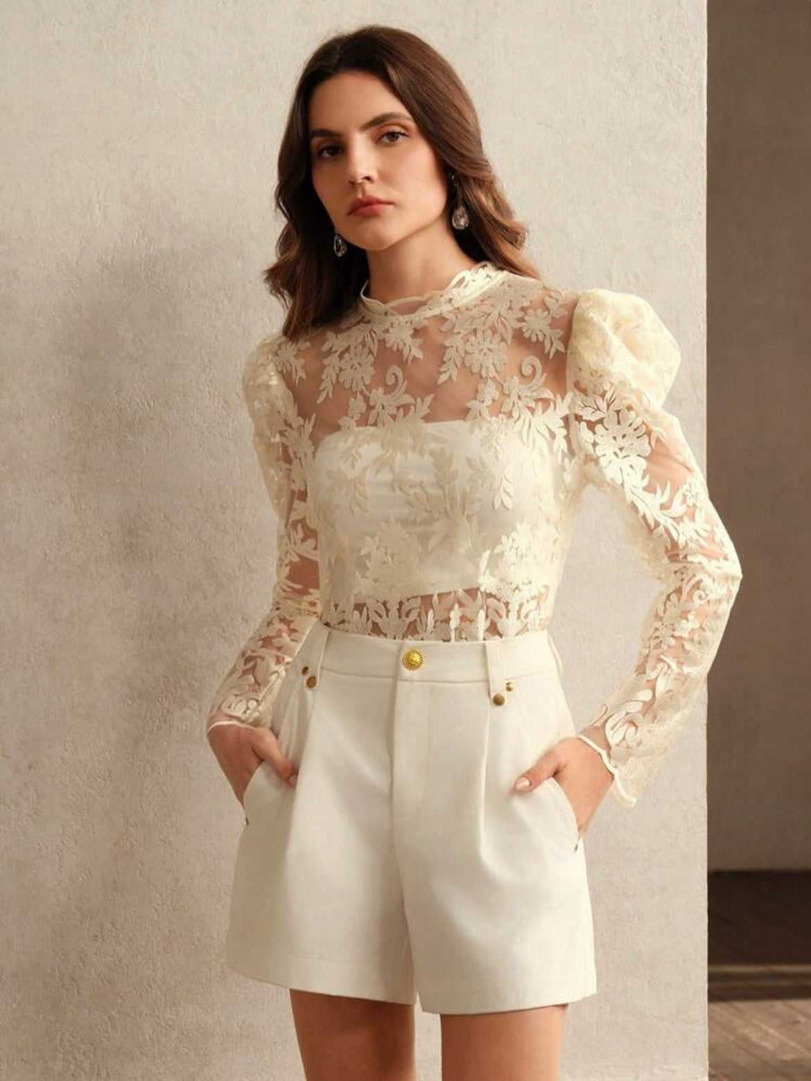 CM-TS497212 Women Elegant Seoul Style Stand Collar Puff Sleeve Embroidered Top - Apricot
