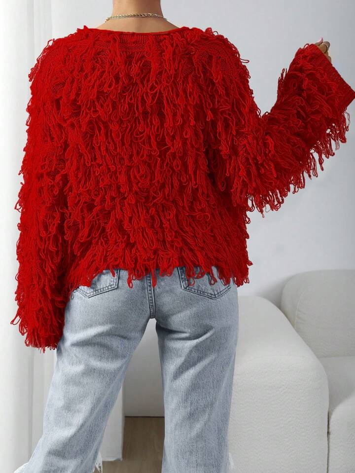 CM-CS196292 Women Casual Seoul Style Long Sleeve Shaggy Knit Duster Cardigan - Red