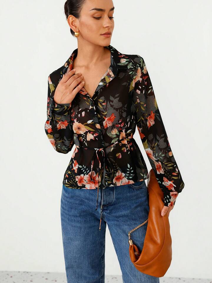 CM-TS572213 Women Casual Seoul Style Lapel Neckline Chiffon All-Over Print Tie Waist Long Sleeve Shirt