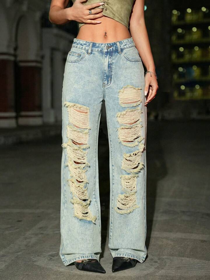 CM-BS370096 Women Casual Seoul Style Light Wash Drop Waist Loose Ripped Distressed Jeans
