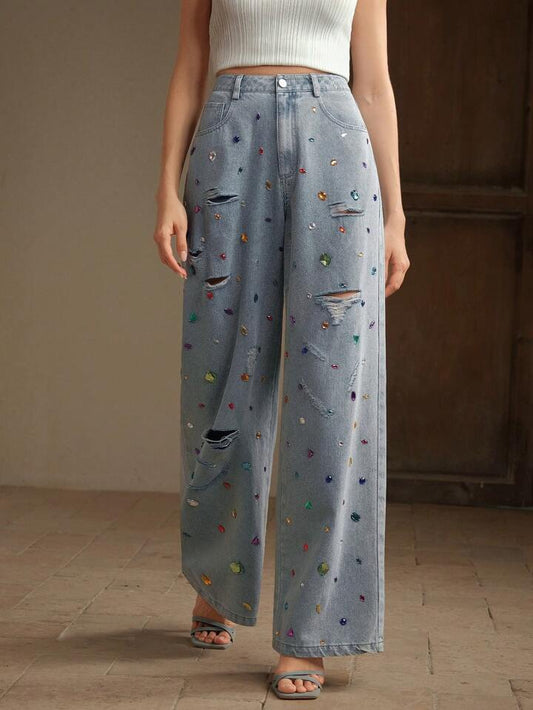 CM-BS261305 Women Elegant Seoul Style Light Wash Distressed Colored Rhinestone Embellished Jeans