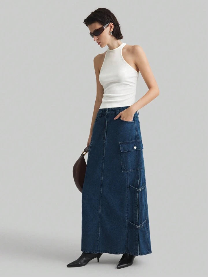 CM-BS254119 Women Casual Seoul Style Mid-Length A-Line Denim Skirt - Blue