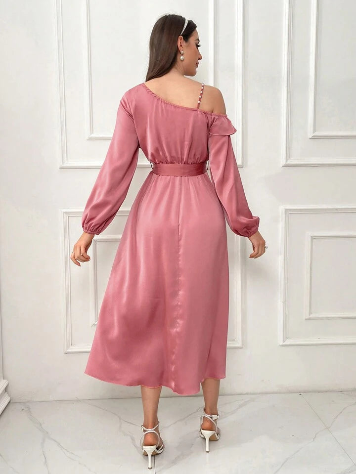 CM-DS197837 Women Elegant Seoul Style Asymmetric Collar Ruffle Hem A-Line Dress - Hot Pink