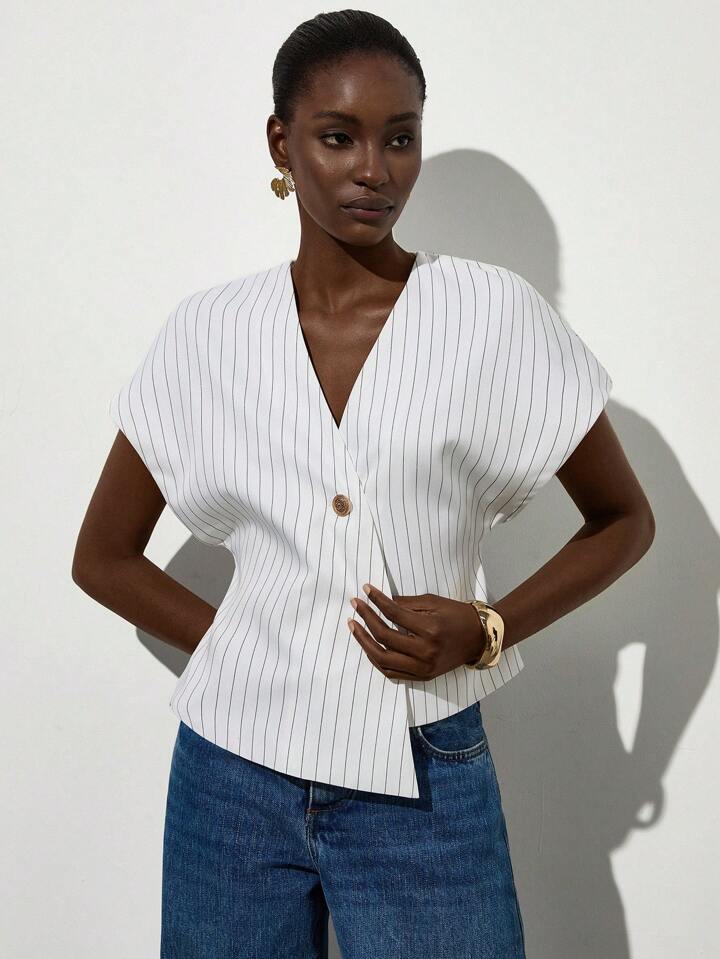 CM-TS249010 Women Casual Seoul Style V-Neck Open Front Asymmetrical Hemline Sleeveless Blouse